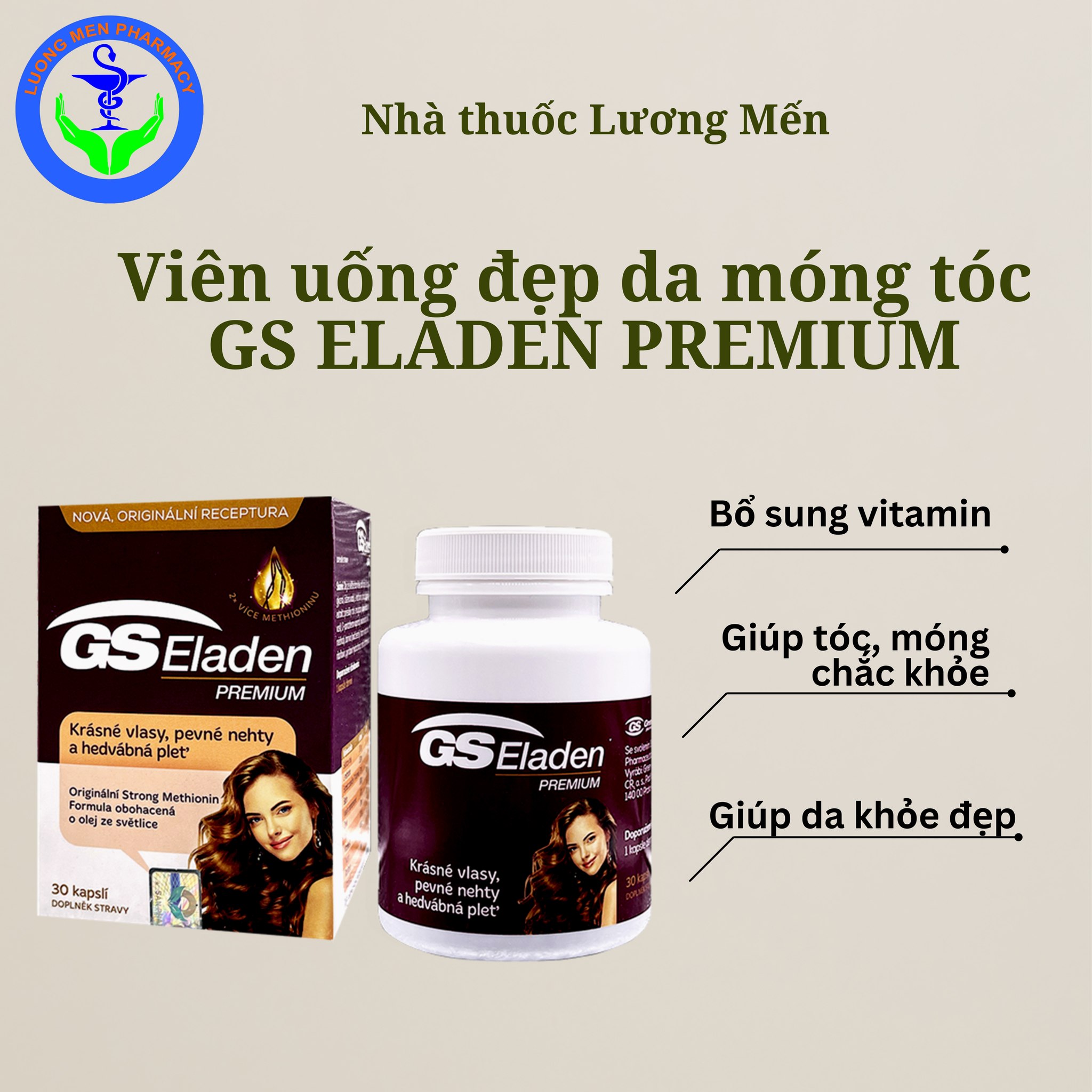 GS Eladen - Hỗ trợ giúp da, móng, tóc khỏe, giúp tóc xơ, khô gãy rụng (Lọ 30 viên)